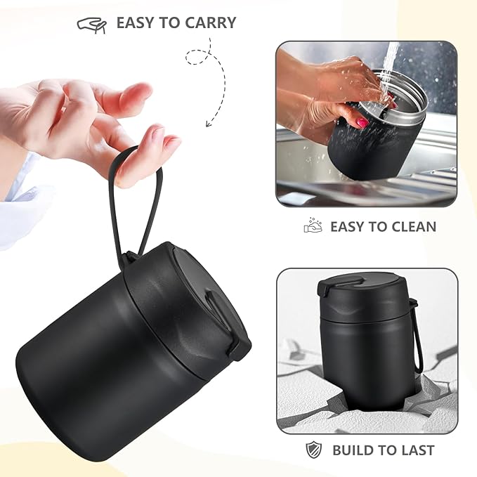 17oz Soup Thermo for Hot Food Kids Insulated Vacuum Food Jar with Stainless Steel Spoon Wide Mouth Thermo Leakproof Lunch Food Container Kids Hot Lunch Box (Black)-BubblyBeeBaby