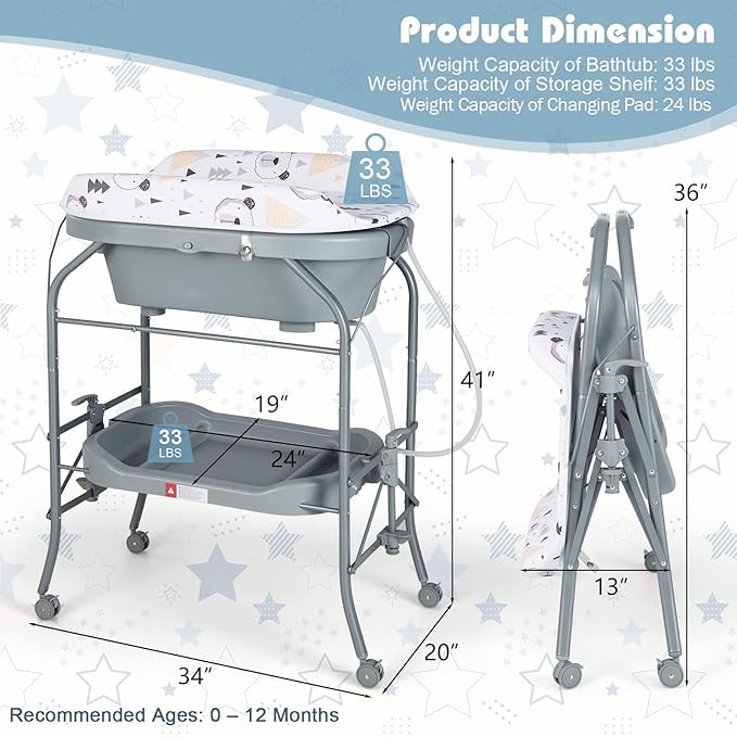 HONEY JOY Baby Changing Table with Bathtub, Foldable Infant Diaper Changing Station with Wheels, Storage Tray, Waterproof Pad, Portable Newborn Nursery Organizer Bath Stand for Boys Girls (Gray)-BubblyBeeBaby