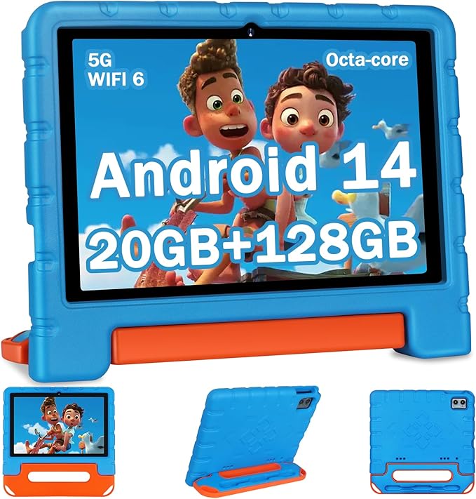2025 Kids Tablet 10 inch Android 14 Tablets for Kid Octa-Core, 20GB+128GB (TF 1TB), Toddler Tablet with Shockproof Case, 2.4G+5G WiFi 6, Parental Control, Face Unlocked, Split Screen, BT5.0 (Blue)-BubblyBeeBaby