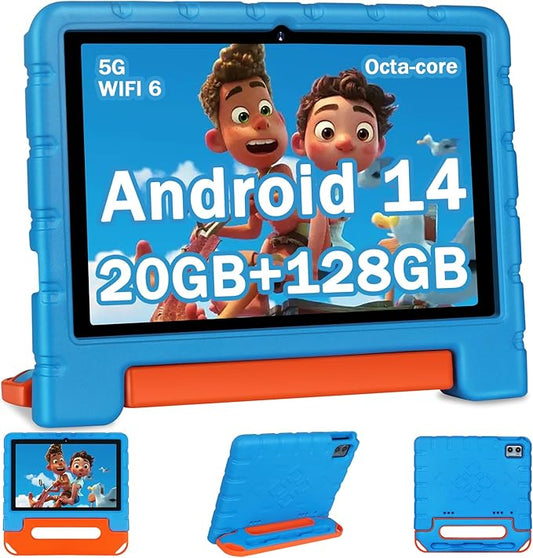 2025 Kids Tablet 10 inch Android 14 Tablets for Kid Octa-Core, 20GB+128GB (TF 1TB), Toddler Tablet with Shockproof Case, 2.4G+5G WiFi 6, Parental Control, Face Unlocked, Split Screen, BT5.0 (Blue)-BubblyBeeBaby