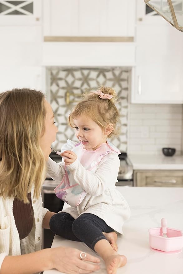 Tiny Twinkle Mess Proof Baby Bibs for Eating - Waterproof, Wipeable Bibs - Toddler Bibs - Travel Friendly - PFAS, PVC, BPA, Phthalate Free - Baby Food Bibs(3 Pack,Cotton Candy)-BubblyBeeBaby