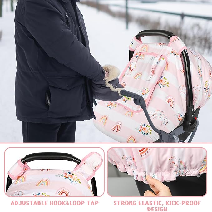 Pea Pod Car Seat Cover Baby, Infant Car Seat Canopy Covers for Newborn with 2 Layers Windows of Breathable Mesh Fabric, Lightweight Polyester/Soft Minky Dot Backing (Floral & Rainbow)-BubblyBeeBaby