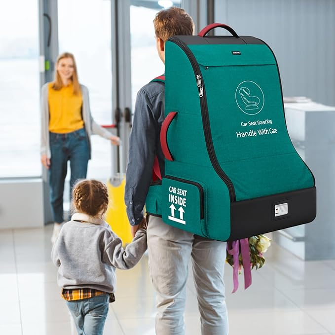 RAINSMORE Padded Car Seat Travel Bag for Airplane Heavy Duty Car Seat Backpack for Air Travel Baby Carseat Cover Bags for Airport Large Car Seats Carrier Fits Car Seats & Booster Seats, Green-BubblyBeeBaby