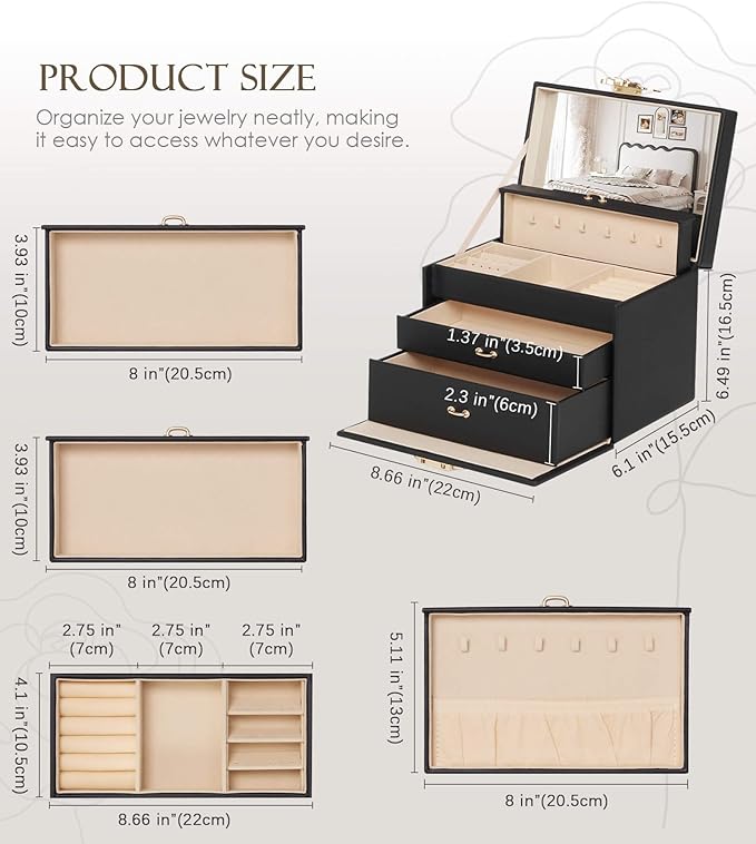 Jewelry Box with Lock for Girls: Jewelry Organizer for Dresser - 3-Drawer Earrings Storage Girls Women Gift (Black)-BubblyBeeBaby