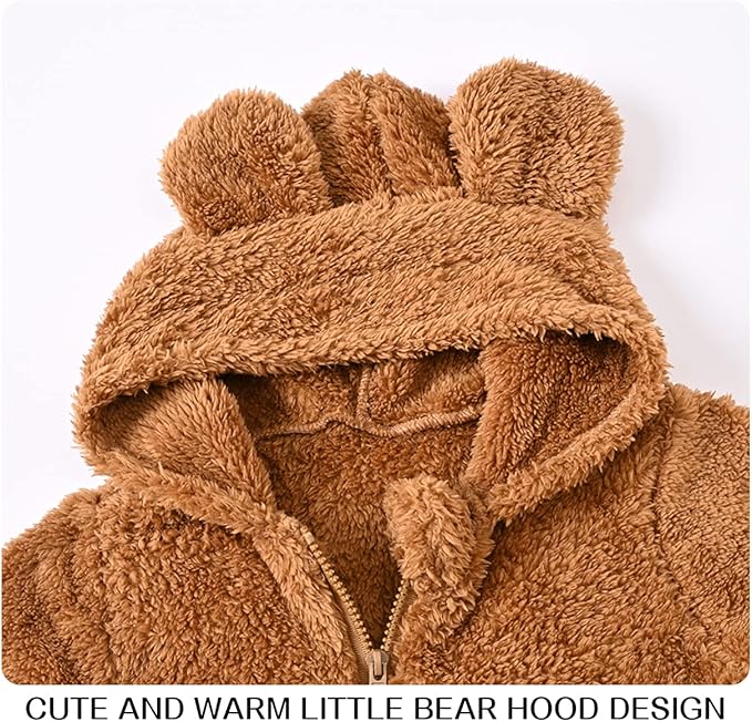 Baby Fleece Jumpsuits Infant Bear Ear Snowsuit Newborn Hooded Romper Warm Coat-BubblyBeeBaby