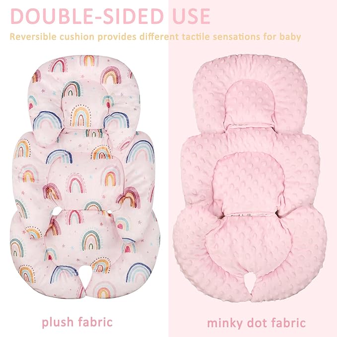 Infant Car Seat Insert, Car Seat Head Support Baby Girls Boys, Soft & Reversible Newborn Carseat Insert Cushion with 2 Strap Covers, for Stroller, Swing, Bouncer (Pink Rainbow)-BubblyBeeBaby