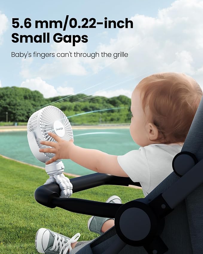 Gaiatop Mini Portable Stroller Fan, Battery Operated Small Clip on, Detachable 3 Speed Rechargeable, 360° Rotate Flexible Tripod Better Cooling for Car Seat Crib Treadmill Travel White-BubblyBeeBaby