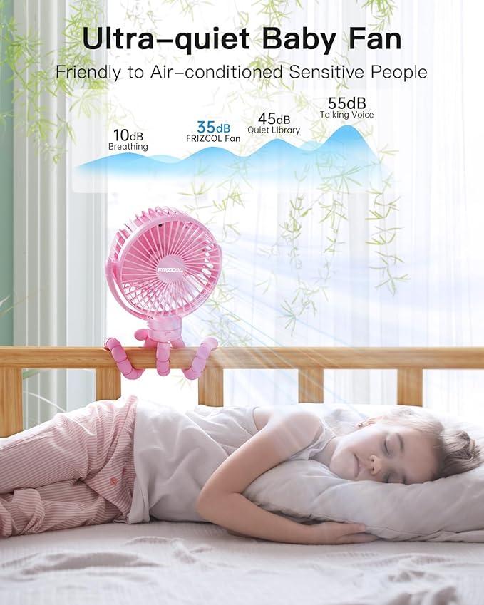 FRIZCOL 12000mAh Portable Stroller Fan, Use As Power Bank, 65H Battery Operated Fan Flexible Tripod Clip On Fans, Detachable Personal Handheld Baby Fans for Stroller, Car seat, Desk, Treadmill（Pink）-BubblyBeeBaby