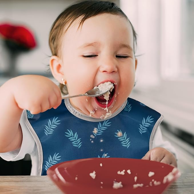 Mess Proof Baby Bib 3 Pack, Waterproof Led Weaning Baby Feeding Bibs with Food Catcher, Travel Feeding Bibs-BubblyBeeBaby