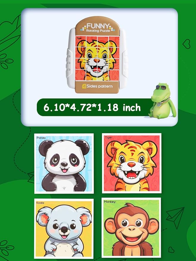 16-Piece Rotating Puzzles for Kids 4-6, Toddlers Puzzles 2-4, Road Trip, Airplane Activities Game, Travel Toys - Brain Teaser, Fine Motor Skills - Birthday Gifts Boys & Girls - Animals-BubblyBeeBaby