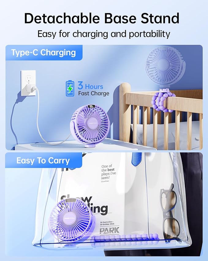 SWEETFULL Portable Stroller Fan with Display 4000mAh Battery Powered Mini Clip On Fan, 4-Speed Rechargeable Small Personal Cooling for Baby Car Seat Crib Travel - Purple-BubblyBeeBaby