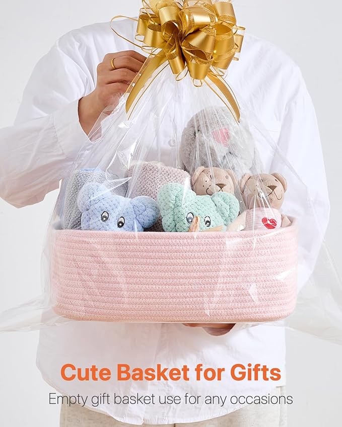 KALLAX Small Woven Basket, 13.5 x 9.5 x 5 Inches, Storage Basket for Organizing, Cute Small Rope Shelf Closet Cube Storage Bins Baskets for Shelves, Dog Toy Gift Baskets Empty, 3 Pack Light Pink-BubblyBeeBaby