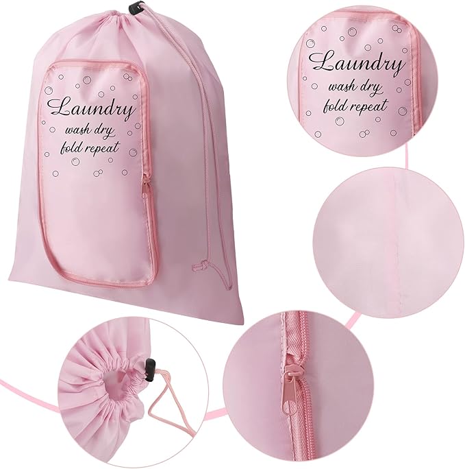 2 Pcs Travel Laundry Bag Washable Dirty Clothes Bag with Drawstring and Zipper for Suitcase, 22 x 18 Inch (Pink, Gray,Bubble)-BubblyBeeBaby