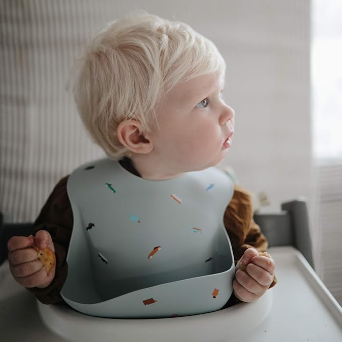 mushie Silicone Baby Bib | Adjustable Fit Waterproof Bibs (Retro Cars)-BubblyBeeBaby