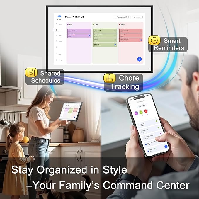 10.1 Inch Smart Digital Calendar & Chore Chart Full HD Touchscreen Display WiFi Sync Electronic Planner for Family Schedules Includes Desk Stand Streamline Home Organization Gift for mother mom women-BubblyBeeBaby