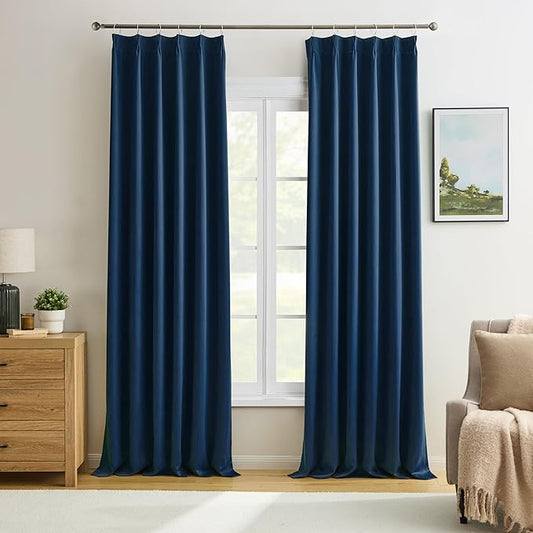 KEQIAOSUOCAI Navy Blue Curtains 102 Inches Long 2 Panels Set, Pinch Pleated Thermal Insulated Blackout Room Darkening Curtain for Living Room,Window Draperies with Hooks(Navy Dark Blue,40x102-inch)-BubblyBeeBaby