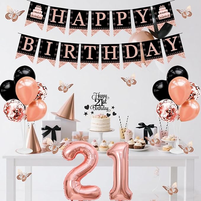 21st Birthday Decorations for Girls Women - 56pcs Rose Gold Happy 21st Banner, 21st Birthday Crown Sash, Cake Topper, Number 21 balloons, 3D Butterflies, 4 Balloon Stands kits-BubblyBeeBaby