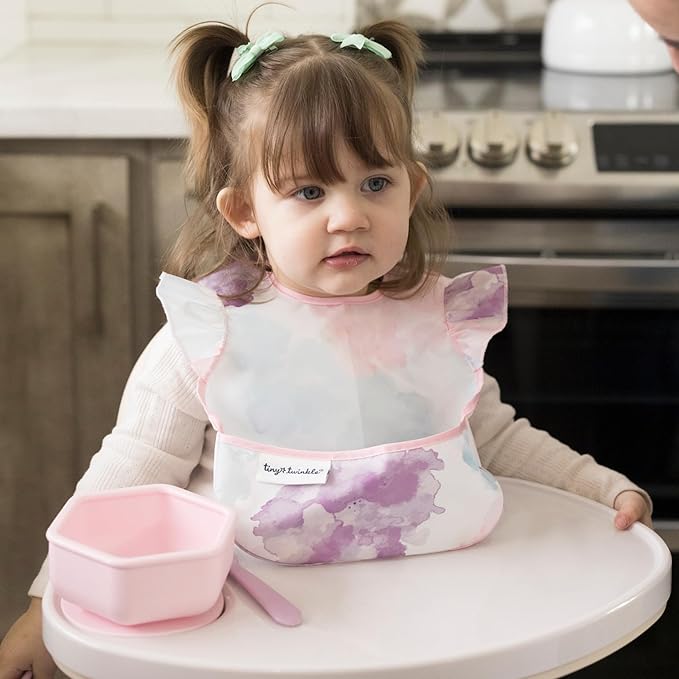 Tiny Twinkle Mess Proof Baby Bib - Waterproof & Lightweight Baby-Led Weaning Apron | 100% Recycled Polyester, Easy Clean & Machine Washable (Cotton Candy, Small 6-24 Months)-BubblyBeeBaby