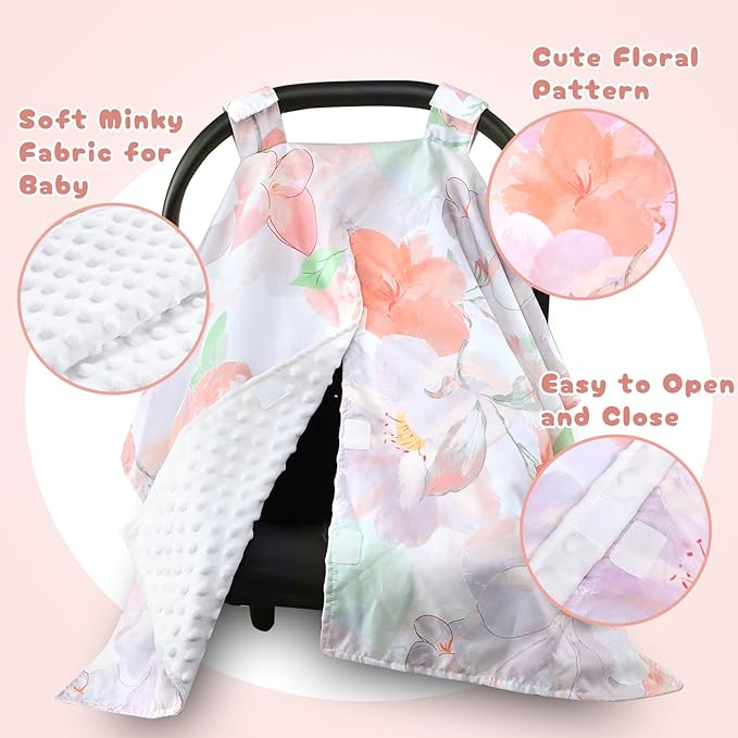 Car Seat Cover Baby, Infant Car Seat Canopy Covers for Newborn Girls Boys, Soft Minky Carseat Covers Stretchy Multi-Use Nursing Cover for Stroller Baby Car Seat, Purple Floral-BubblyBeeBaby