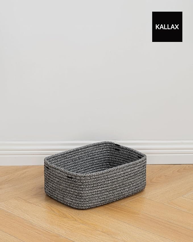KALLAX Small Woven Basket, 13.5 x 9.5 x 5 Inches, Storage Basket for Organizing, Cute Small Rope Shelf Closet Cube Storage Bins Baskets for Shelves, Dog Toy Gift Baskets Empty, 3 Pack Mixed Black-BubblyBeeBaby
