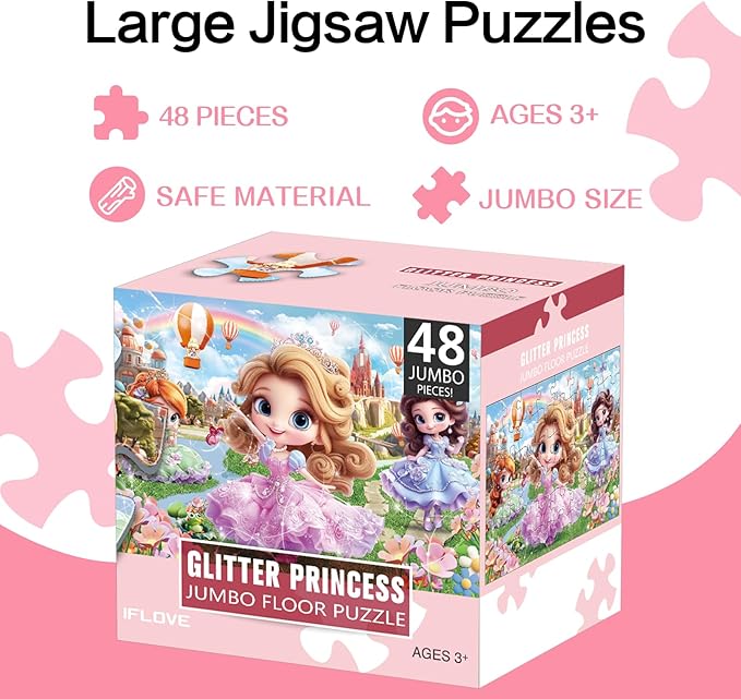 Jumbo Floor Puzzle for Kids,48 Piece Princess Large Jigsaw Puzzles,Puzzle for Toddler Ages 3-5,Preschool Educational Intellectual Development Toy Gift for Boys & Girls Ages 4-8-BubblyBeeBaby