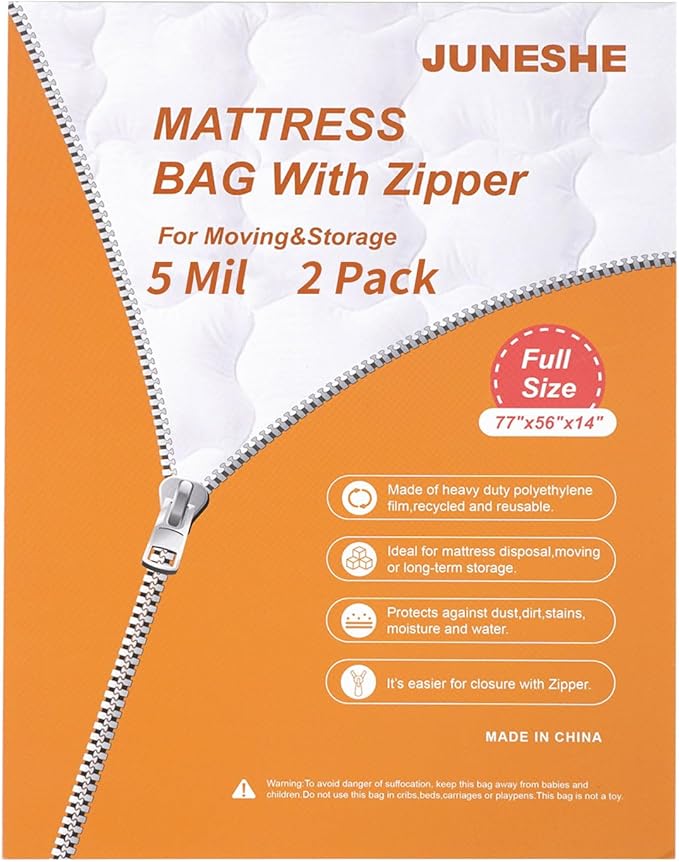 2 Pack Full Mattress Bags for Moving and Storage-5 Mil Zipper Plastic Waterproof Mattress Storage Bags-BubblyBeeBaby