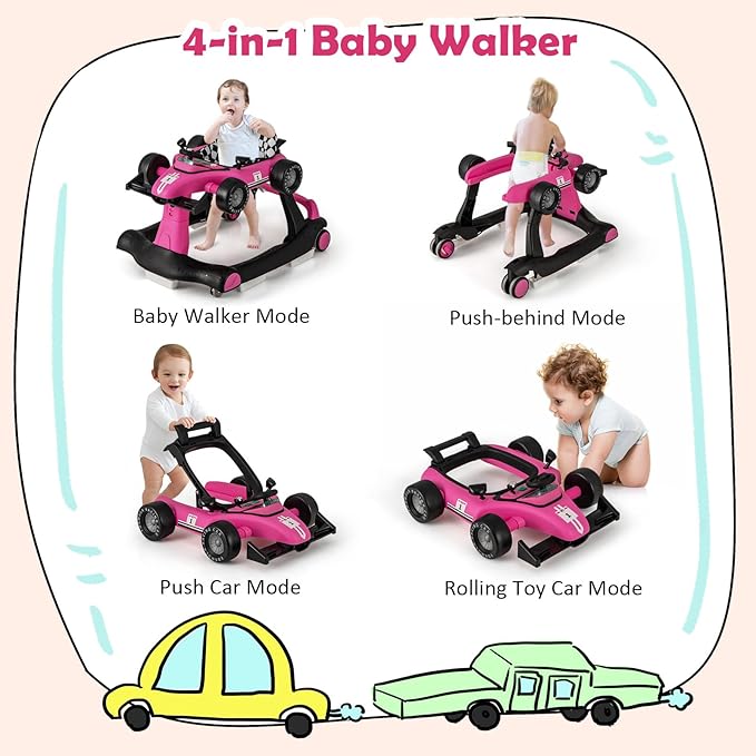 HONEY JOY 4-in-1 Baby Walker, Activity Push Walker w/3 Adjustable Heights, Smooth Wheels w/Adjustable Speed, Padded Seat, Music & Light, Foldable Car Walker for Baby Boys Girls Age 6 Months+ (Pink)-BubblyBeeBaby