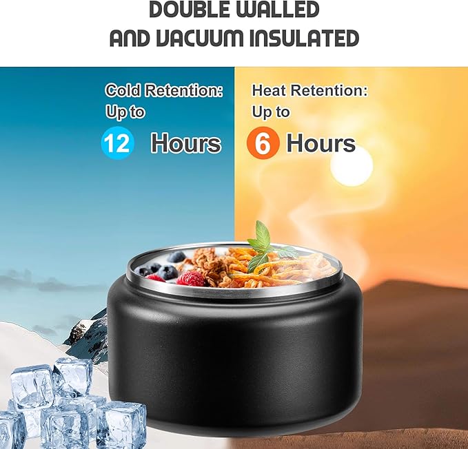 13.5oz Soup Thermo for Hot Food Kids with Buckle Lid Insulated Vacuum Food Jar Wide Mouth Leakproof Stainless Steel Lunch Container (Black)-BubblyBeeBaby