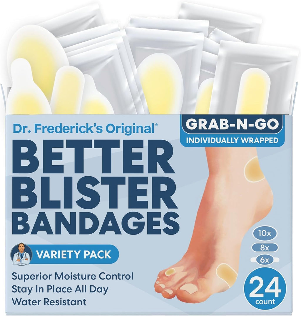 Dr. Frederick's Original Better Blister Bandages - 24 ct - Healing Blister Pads - Grab-N-Go - Water Resistant - 40% More Cushioning - Hydrocolloid - Feet, Toe, & Heel Blister Prevention - Variety Pack