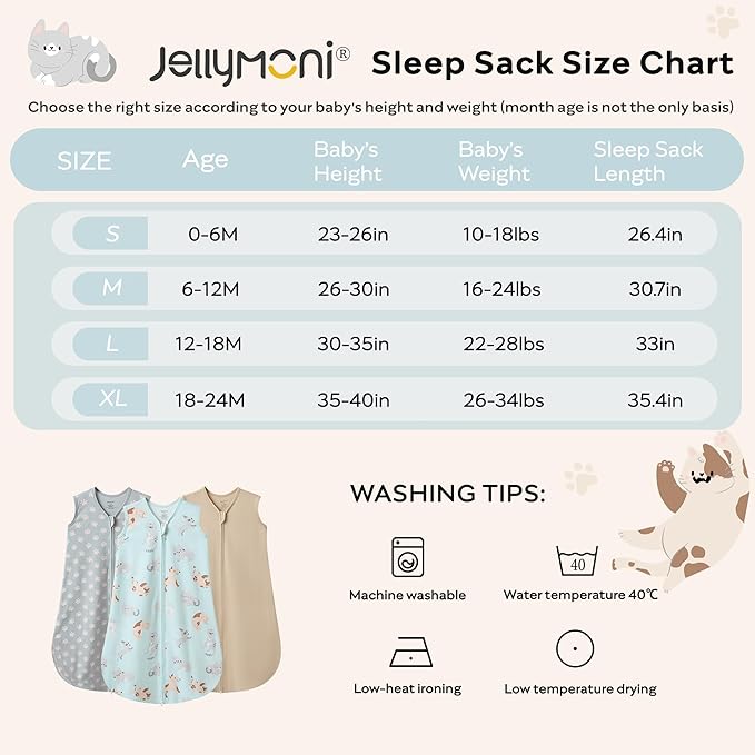 JELLYMONI Baby Sleep Sack 12-18 Months Wearable Blanket for Baby, 100% Cotton 2 Pack Infant Toddler Sleeping Sack Lightweight Soft 2-Way Zipper Sleepsack-BubblyBeeBaby