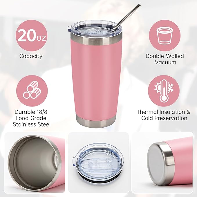 IEOVIEE 32 Pack 20oz Stainless Steel Bulk Tumblers with Lids and Straws Double Wall Insulated Travel Mug Durable Powder Coated Tumbler Bulk Cup for Cold and Hot Drinks(Pink)-BubblyBeeBaby