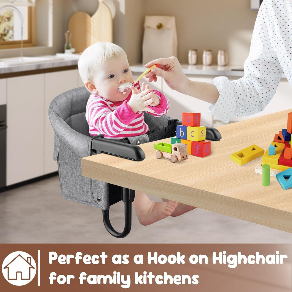 Baby Bliss Portable Hook-On Baby High Chair with Clip-On Design & 37 lb Weight Capacity | Foldable Travel & Home Use for Babies 6-36 Months | Includes Storage Bag, Grey