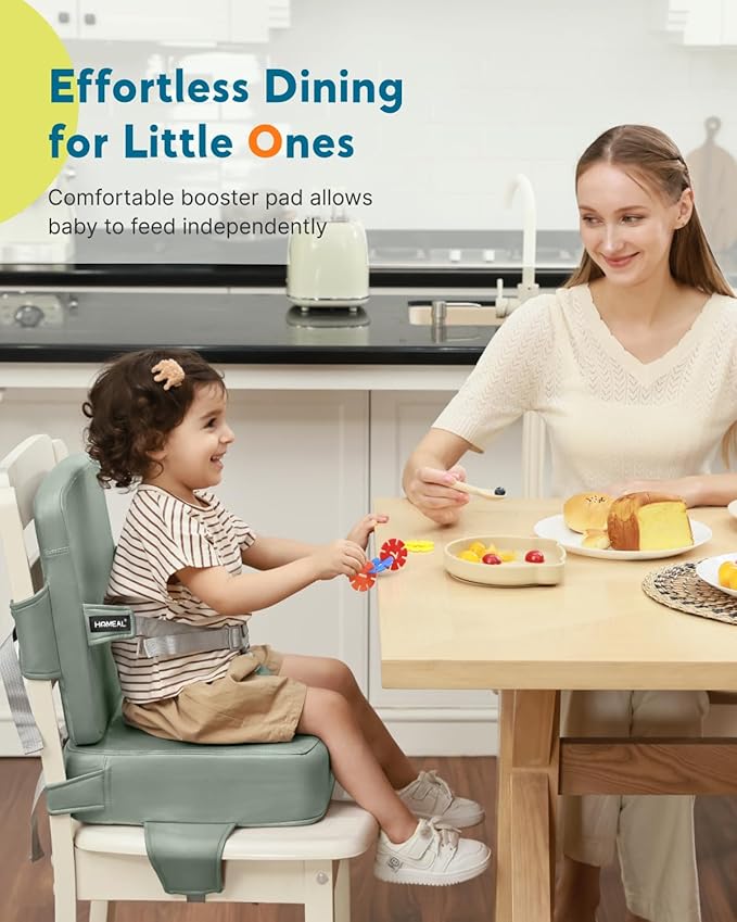 HOMEAL Toddler Booster Seat for Dining Table - Booster Seat for Kitchen Chair with Easy-Install Straps - Wipeable Surface & Removable Cover Easy to Clean -Breathable Fabric - Sage-BubblyBeeBaby