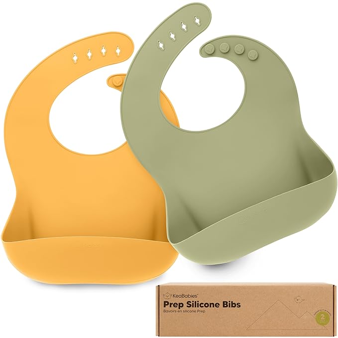 KeaBabies 2-Pack Silicone Baby Bibs for Eating - Sturdy Food-Grade Silicone Bibs for Babies Girl, Boy, Large Food Catcher, Clean & Put On Easily, Waterproof Toddler Feeding Essentials (Harvest)-BubblyBeeBaby