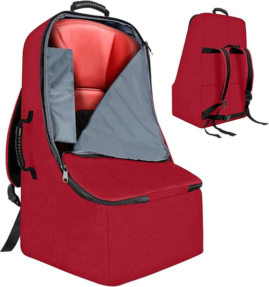Padded Car Seat Travel Bag for Airplane, Heavy Duty Backpack for Air Travel, Water-Resistant Carrier with Shoulder Strap, Fits Most Car Seats (Red)-BubblyBeeBaby