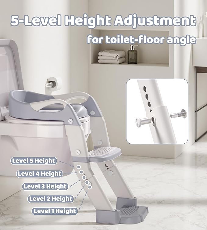 2-in-1 Toddler Potty Training Toilet Seat with Step Stool Ladder – Adjustable Height Potty Chair Urinal for Baby Boys Girls Age 1-3, Foldable Training Potty with Splash Guard & Anti-Slip Feet, Grey-BubblyBeeBaby