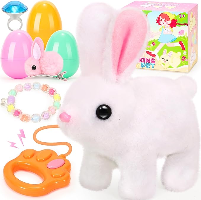 Hopping Plush Bunny Easter Interactive Toys for Kids,Can Wagging Tail and Twitching Nose with Remote Control Leash,Easter Eggs and Decorations,Easter Christmas Birthday Gift for Toddlers-BubblyBeeBaby