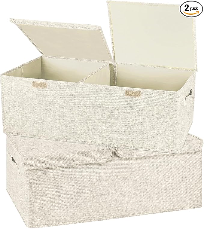 2 Pack Large Storage Boxes with Lids and Handles, Collapsible Linen Storage Bins Organizer Containers Baskets Cube with Removable Divider for Home Bedroom Closet Office (Cream, Small)-BubblyBeeBaby