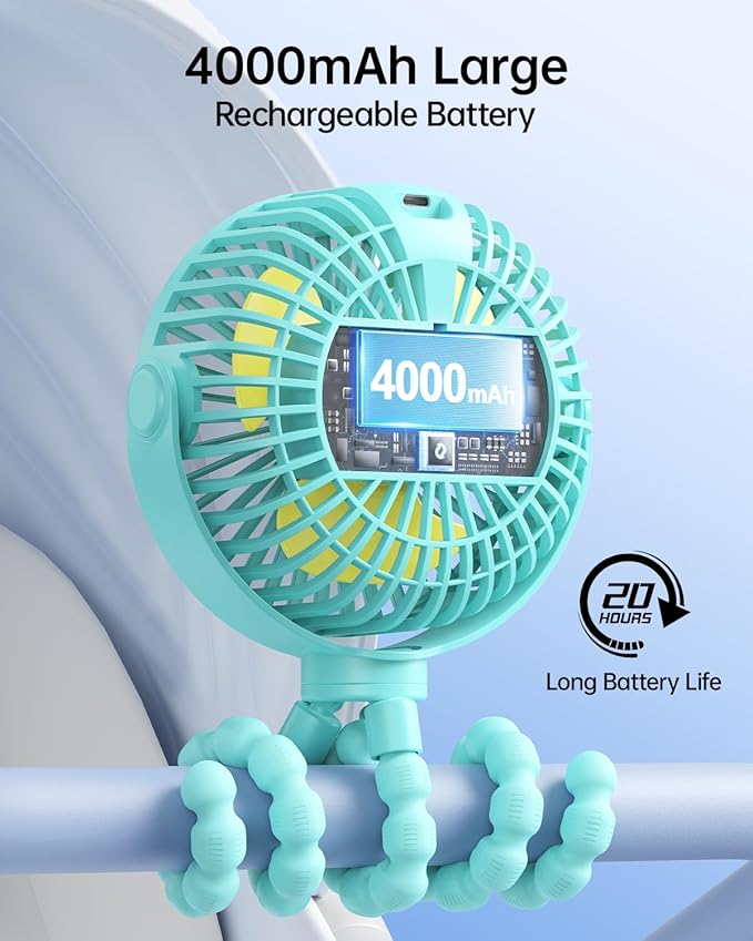 SWEETFULL Portable Stroller Fan with Display 4000mAh Battery Powered Mini Clip On Fan, 4-Speed Rechargeable Small Personal Cooling for Baby Car Seat Crib Travel - Cyan-BubblyBeeBaby