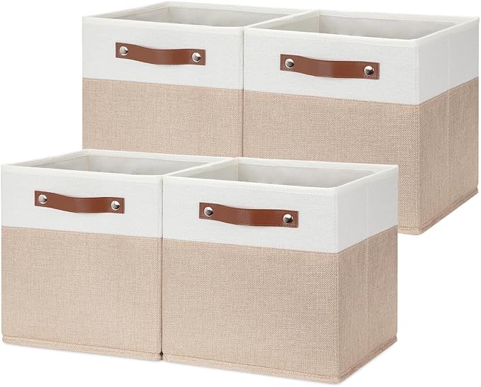 HNZIGE Fabric Storage Baskets Cubes Bins for Shelves, 11 x11 Foldable Storage Bins, Decorative Storage Basket with Leather Handles for Storage Clothes Home Nursery(White Beige-4Pack)-BubblyBeeBaby