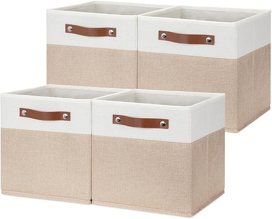HNZIGE Fabric Storage Baskets Cubes Bins for Shelves, 11 x11 Foldable Storage Bins, Decorative Storage Basket with Leather Handles for Storage Clothes Home Nursery(White Beige-4Pack)-BubblyBeeBaby
