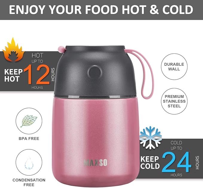 Insulated Food Jar for Hot & Cold Food for Kids Adult,17 oz Soup Thermo Hot Food Containers for Lunch, Triple Layer Insulation Stainless Steel Food Jar with Spoon (Pink)-BubblyBeeBaby