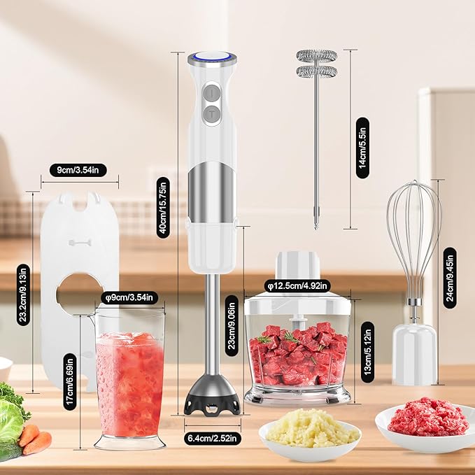 Immersion Blender Handheld Hand Blender - 1100W Non Scratch Stick Blender for Kitchen 12 Speed and Turbo Mode Chopper, Beaker, Whisk and Milk Frother for Milkshake Puree Smoothie Food-BubblyBeeBaby