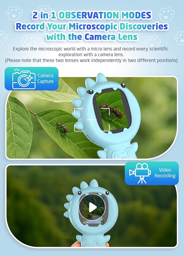 2-in-1 Microscope Camera for Kids, Mini Handheld Microscope Supporting Multiple Viewing Angles, Outdoor Educational Science Adventure Toys, Birthday Gifts for 3-10 Years Old Boys Girls, Blue Dinosaur-BubblyBeeBaby