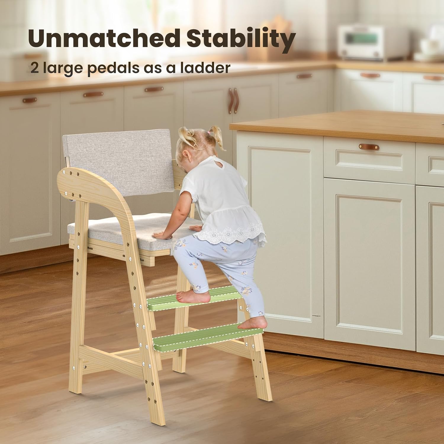 Easyego Wooden High Chair, Height Adjustment for Babies and Toddlers Aged 3-12, up to 130 lbs, Widened Foot Pedal as Steps for Kids Dining & Removable Washable Cushion (Natural)