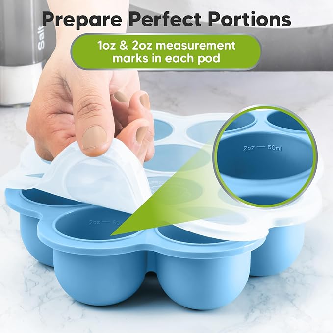 KeaBabies Silicone Food Freezer Trays with Lid, 2oz x 10 Pods Baby Food Storage Containers, Easy Puree Meal Prep, Breast Milk Silicone Freezer Molds, Dishwasher, Microwave Safe, BPA-Free (Misty Blue)-BubblyBeeBaby