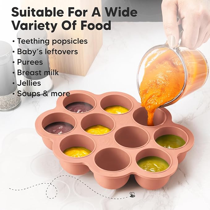 KeaBabies Silicone Food Freezer Trays with Lid, 2oz x 10 Pods Baby Food Storage Containers, Easy Puree Meal Prep, Breast Milk Silicone Freezer Molds, Dishwasher,Microwave Safe,BPA-Free(Roseate)-BubblyBeeBaby