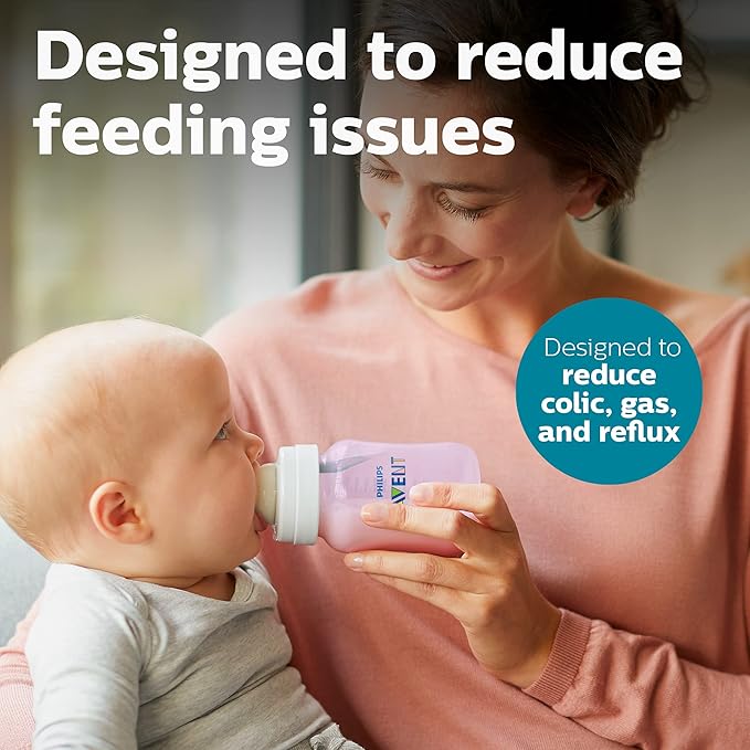Philips Avent Anti-Colic Baby Bottle with AirFree Vent, 9oz, with Flow 2 Nipples, 1m+, 4pk, Pink, SCY703/14-BubblyBeeBaby
