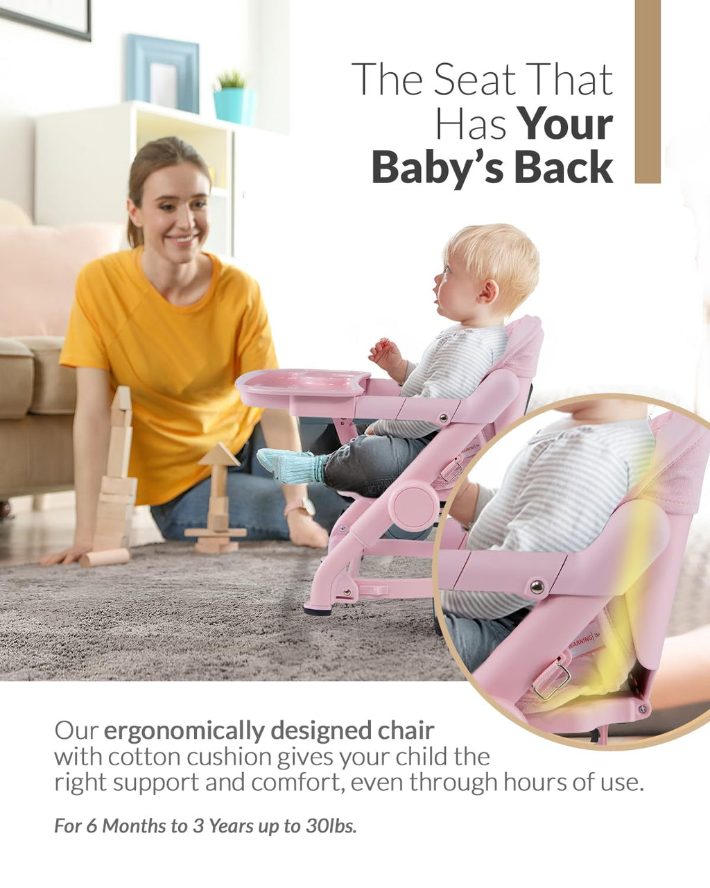 Feed Me 3-in-1 Travel High Chair Booster Seat for Infants and Toddlers - Transitional, Compact & Fits Any Chair, Swivel Tray, Rose Tea