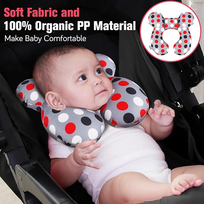 KAKIBLIN Baby Travel Pillow,Baby Neck Pillows for Car Seat,Upgraded Baby Head Pillow,Toddler Head and Neck Baby Support Pillow for Car Seat, Pushchair,Travel (Grey Pot)-BubblyBeeBaby